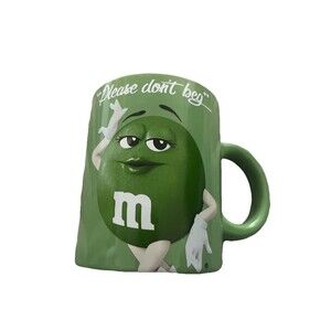 Green M&M Coffee Mug "Please don't Beg" 2016 Frankford Candy Cup Chocolate